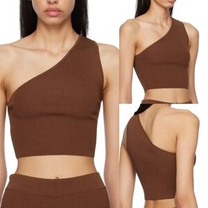 STAUD New Lexi One Shoulder Knit Crop Tank Top XL Brown Fitted Minimalist Chic
